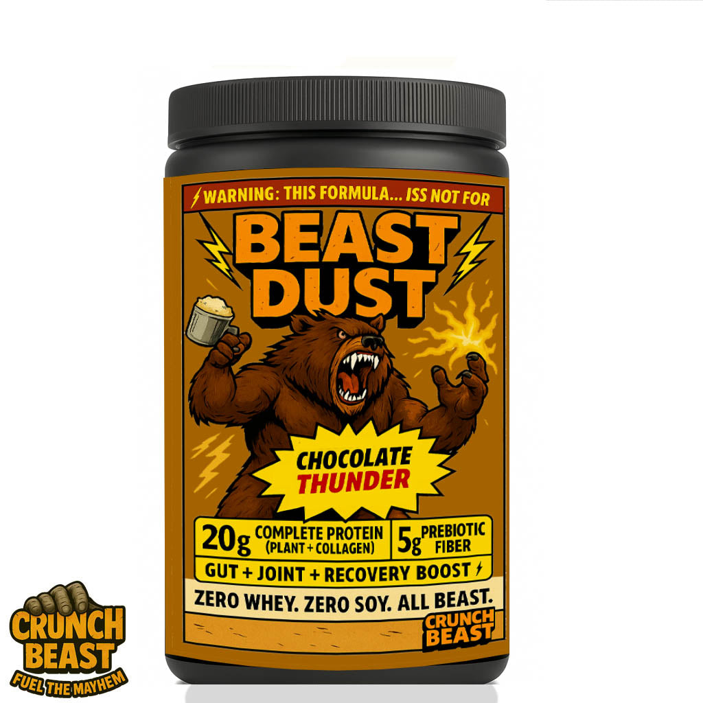 “Beast Dust Chocolate Thunder protein powder jar featuring a roaring beast illustration holding a mug, bold lightning graphics, and product highlights: 20g complete protein (plant + collagen), 5g prebiotic fiber, gut + joint + recovery boost, zero whey, zero soy, all beast – Crunch Beast brand.”