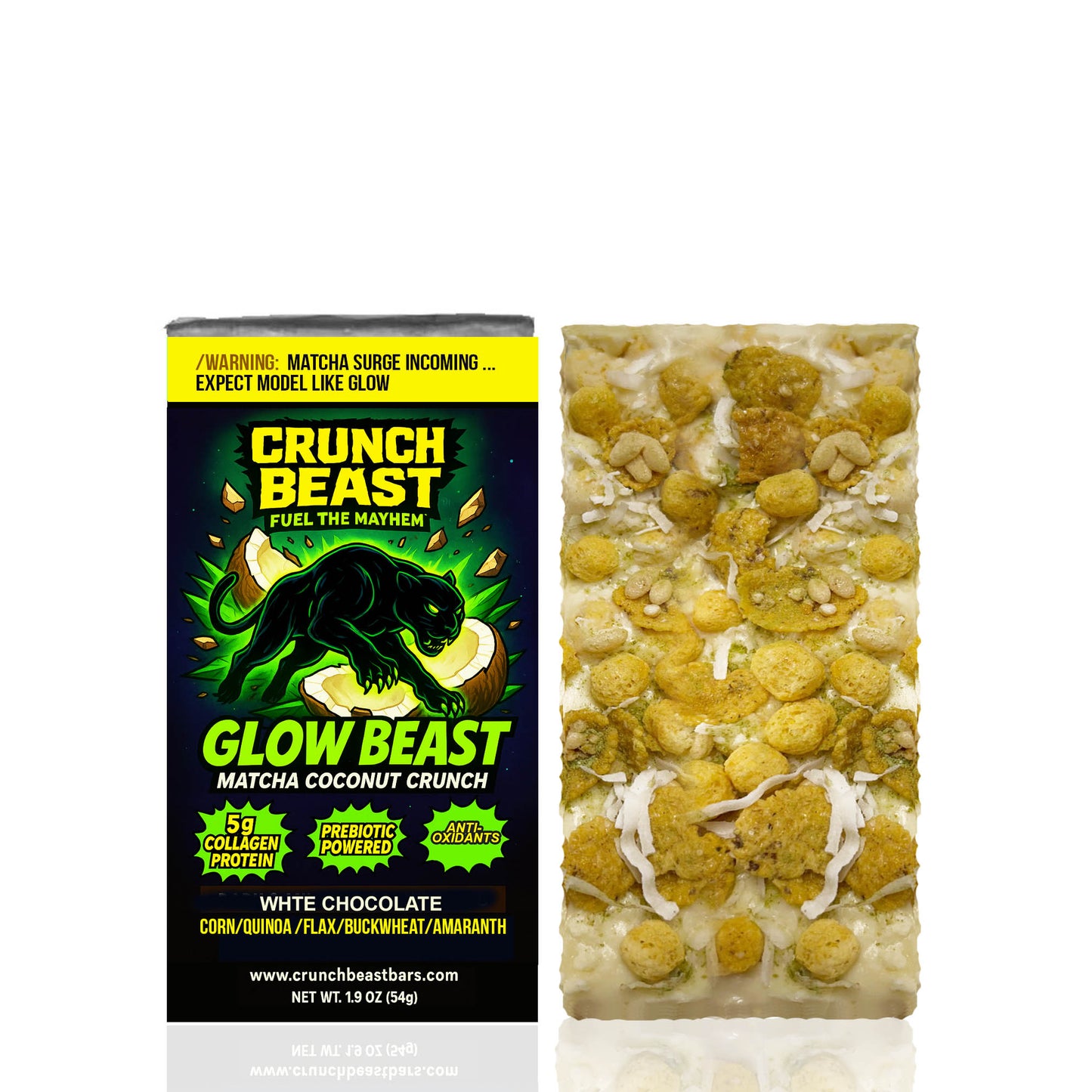 runch Beast Glow Beast Protein Bar – Matcha Coconut Crunch – Low Sugar White Chocolate with 5g Collagen Protein & Prebiotics – Antioxidant Energy Snack, Beauty + Gut Support, 1.9oz Bar
