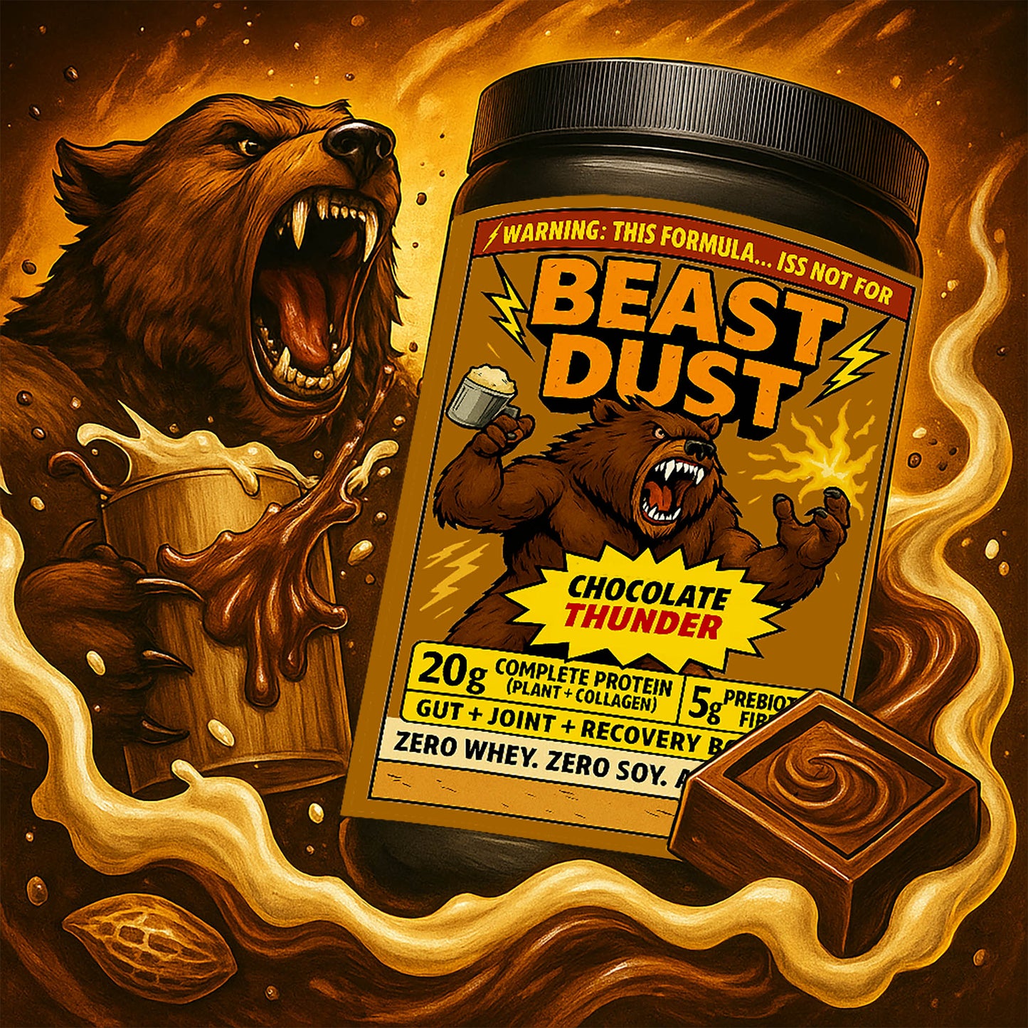 “Beast Dust Chocolate Thunder protein powder jar featuring a roaring beast illustration holding a mug, bold lightning graphics, and product highlights: 20g complete protein (plant + collagen), 5g prebiotic fiber, gut + joint + recovery boost, zero whey, zero soy, all beast – Crunch Beast brand.”
