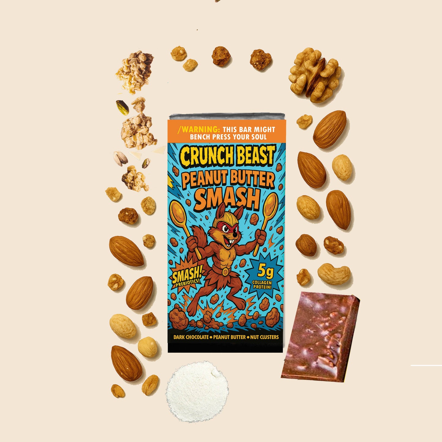 "Crunch Beast Peanut Butter Smash bar next to its packaging. The packaging features a muscular cartoon squirrel holding two golden spoons with an energetic, comic-style background in blue and orange. Text highlights '5g Collagen Protein' and 'Smash! Prebiotics', with flavor notes of dark chocolate, peanut butter, and nut clusters. The unwrapped bar shows a textured mix of chocolate, peanut butter, oats, and nut pieces."