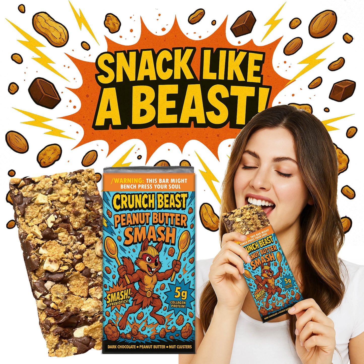 "Crunch Beast Peanut Butter Smash bar next to its packaging. The packaging features a muscular cartoon squirrel holding two golden spoons with an energetic, comic-style background in blue and orange. Text highlights '5g Collagen Protein' and 'Smash! Prebiotics', with flavor notes of dark chocolate, peanut butter, and nut clusters. The unwrapped bar shows a textured mix of chocolate, peanut butter, oats, and nut pieces."