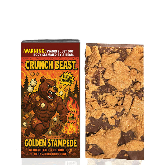 high protein chocolate bar, crunchy chocolate bar, collagen chocolate bar, s’mores candy bar, fun snack for adults, campfire candy, golden grahams bar, non-gooey s’mores bar, post workout chocolate snack, crunch beast bar, golden mayhem bar, novelty protein candy


