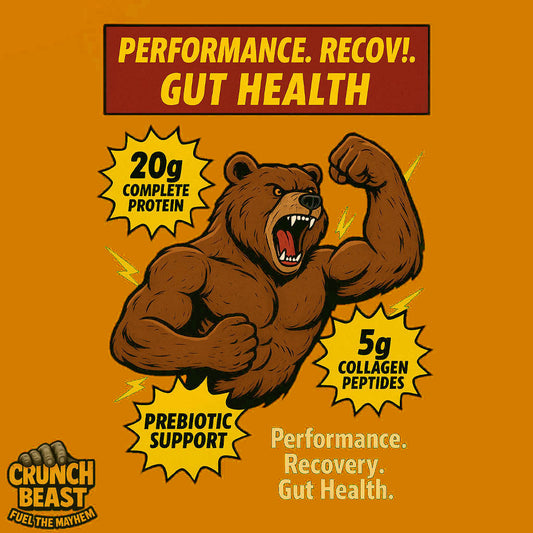 "Edgy, comic-style promotional image of Beast Dust Chocolate Thunder protein powder tub with roaring bear mascot, lightning bolts, peanuts, and explosive swirls, showcasing 20g complete plant + collagen protein, 5g prebiotic fiber, and benefits for gut, joint, and recovery health — bold, high-energy fitness supplement design."