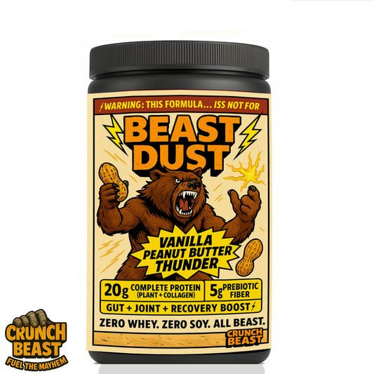 "Edgy, comic-style promotional image of Beast Dust Vanilla Peanut Butter Thunder protein powder tub with roaring bear mascot, lightning bolts, peanuts, and explosive swirls, showcasing 20g complete plant + collagen protein, 5g prebiotic fiber, and benefits for gut, joint, and recovery health — bold, high-energy fitness supplement design."