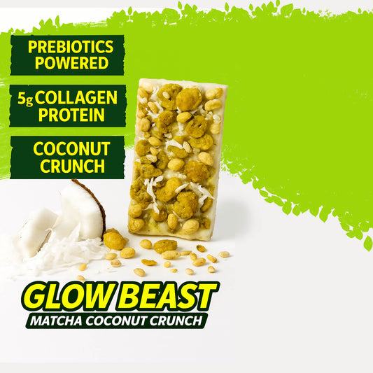 Collagen protein chocolate bar with matcha, toasted coconut, puffed quinoa, and wild comic-style cosmic design.