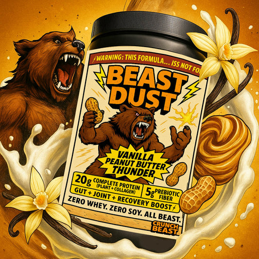 "Edgy, comic-style promotional image of Beast Dust Vanilla Peanut Butter Thunder protein powder tub with roaring bear mascot, lightning bolts, peanuts, and explosive swirls, showcasing 20g complete plant + collagen protein, 5g prebiotic fiber, and benefits for gut, joint, and recovery health — bold, high-energy fitness supplement design."